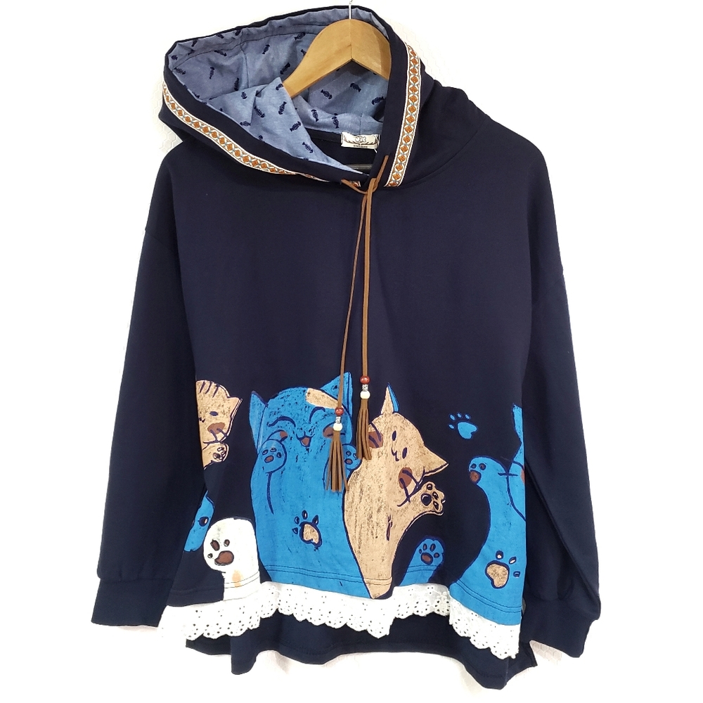 XL Playful Cat Asian Yue Ran Cotton Hoodie Navy